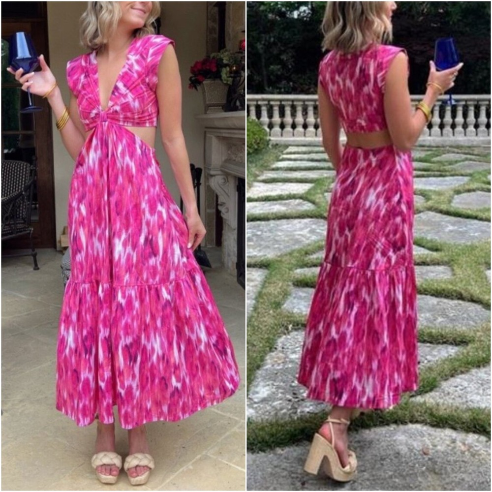 Jason Wu Pink Ikat Print Cutout Midi Dress Tiered Womens‎ Medium